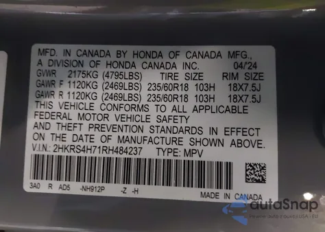 2024 Honda Cr-V Ex-L Awd из США, поврежденный, VIN 2HKRS4H71RH484237